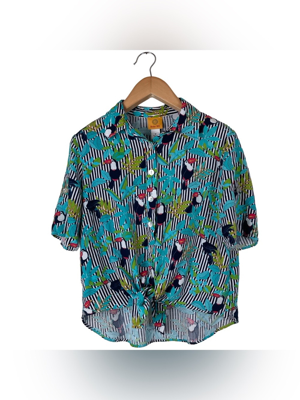 Ruby Rd. Tropical Toucan Bird Button Up Shirt Tie Waist Women’s Medium Vacation